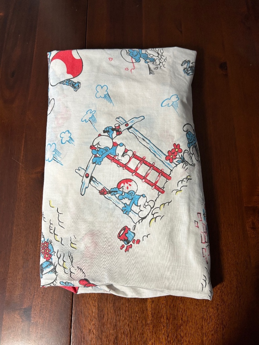 Vintage 1980s Smurfs Twin Fitted Sheet Mushroom Village Peyo Kids Bedding
